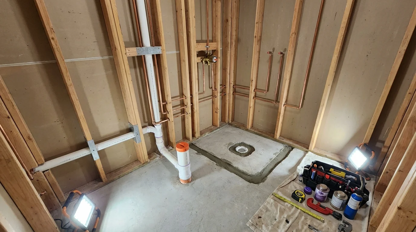 Bathroom rough-in plumbing during remodel by Johns Plumbing LLC in Pipestone