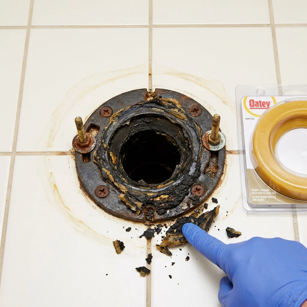 Failed wax ring showing water seepage at the base of a toilet in a Pipestone, MN home