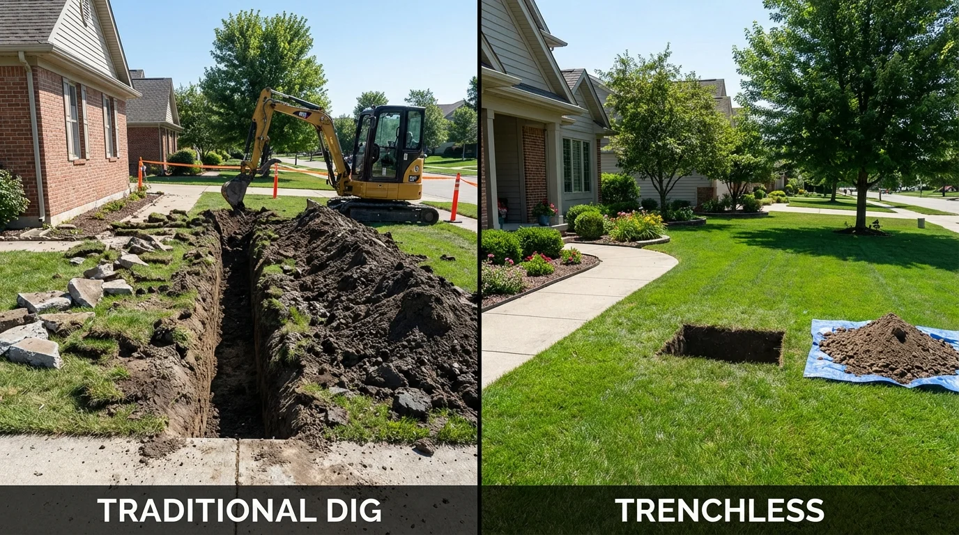 Trenchless sewer repair with minimal yard damage versus traditional excavation in Pipestone, MN